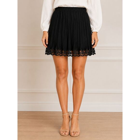 All Saints Azura Black Pleated Lace Trim Mini Skirt