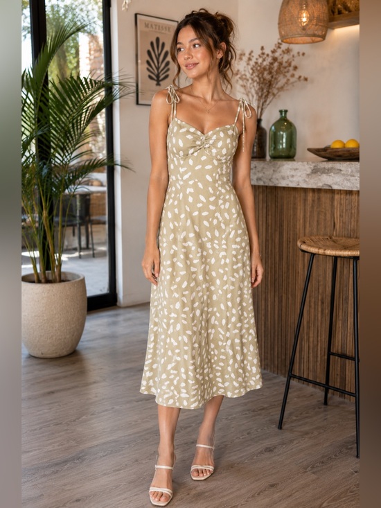 Lulu’s Tie-Strap Midi Dress in Sage with White Leaf Print