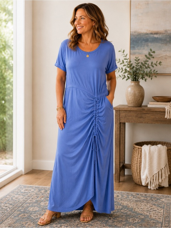 Lulu's Periwinkle Blue Short-Sleeve Ruched Maxi Dress