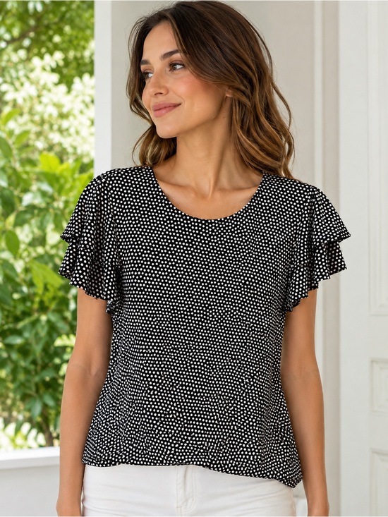 Adrianna Papell Black and White Dotted Flutter Sleeve Blouse