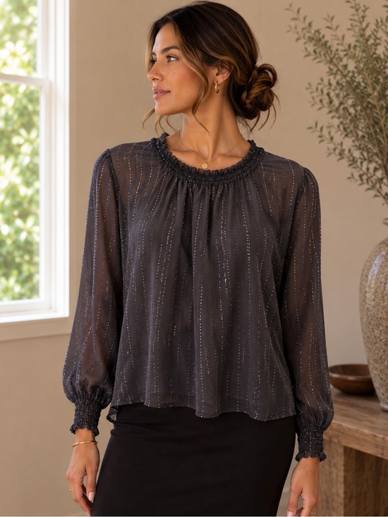 cloth & stone Sheer Black Dotted Striped Smocked-Neck Blouse