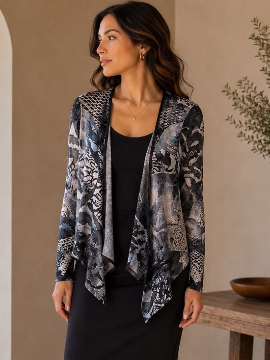 New de Lis Draped Open Front Printed Cardigan in Black, Blue & Charcoal