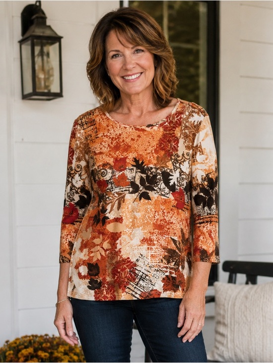 Christopher & Banks Autumn Scoop Neck 3/4 Length Sleeve Top