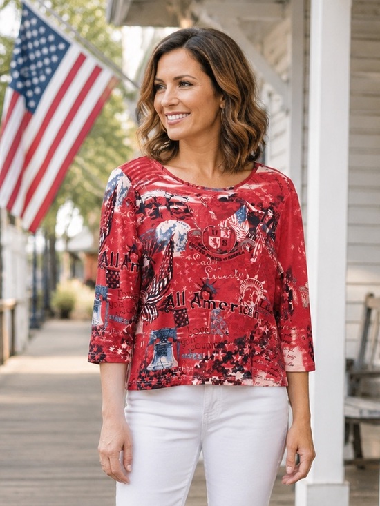 Christopher & Banks Red “Lady Liberty” Patriotic Print Top