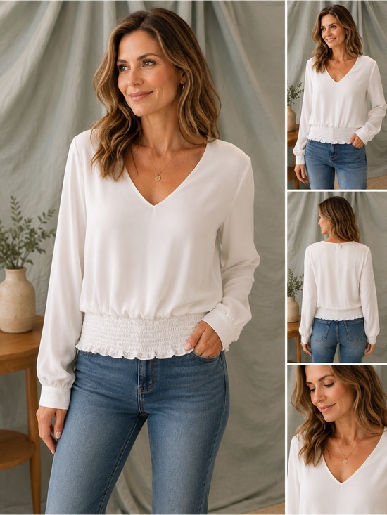 1. State White V-Neck Smocked Waist Long-Sleeve Blouse
