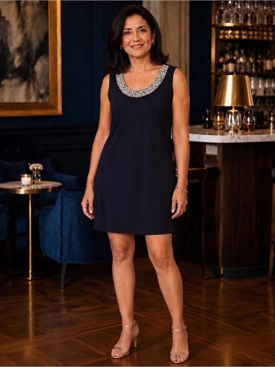 R&M Richards Navy Sleeveless Dress with Silver Beaded Scoop Neckline
