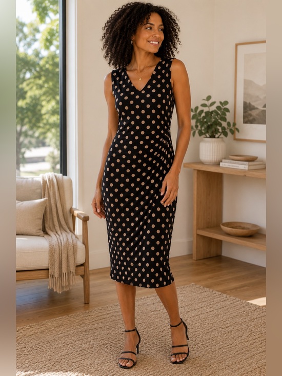 Anne Klein Black V-Neck Polka Dot Midi Dress