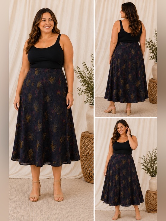 Jones New York Black Maxi Skirt with Gold and Magenta Circular Print - SILK!