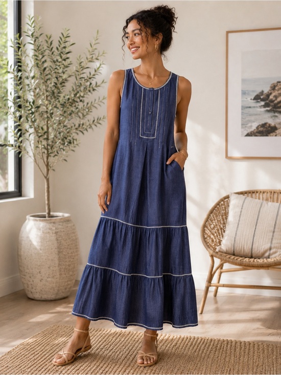 Max Studio Navy Sleeveless Tiered Maxi Dress with Contrast Stitching