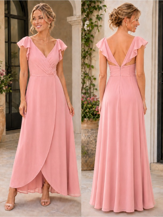 Celebrate by DB Studio Blush Pink Flutter-Sleeve V-Neck Full Length Gown