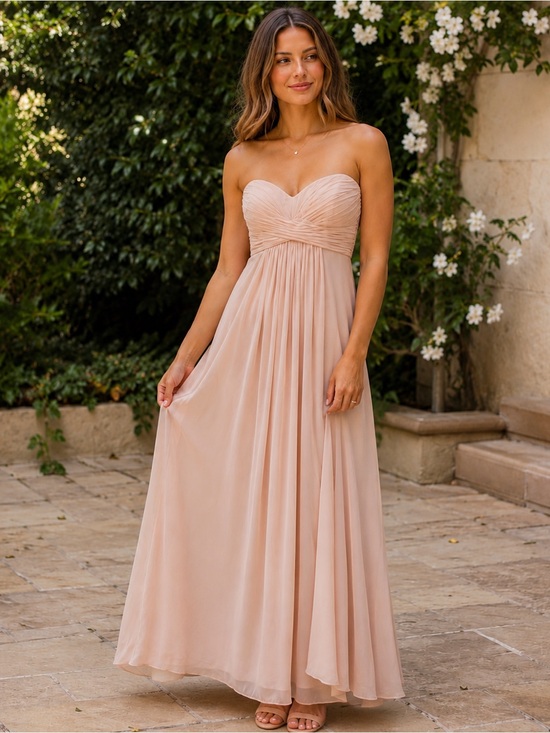 David's Bridal Strapless Sweetheart Chiffon Gown in Sand