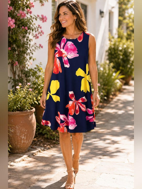 Anne Klein Navy Floral Midi Dress with Pink and Yellow Blooms