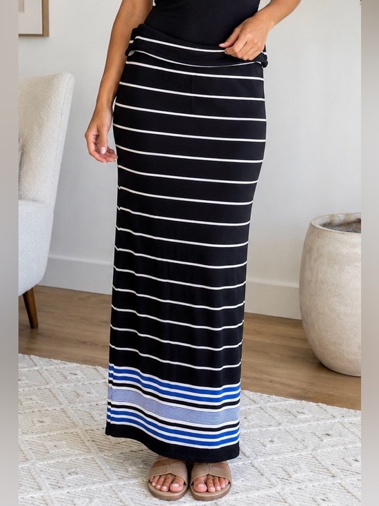 Max Studio Black and White Striped Maxi Skirt with Blue Hem Detail