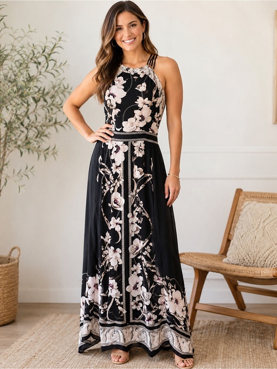 White House Black Market Black Floral Dress with Subtle Animal Trim