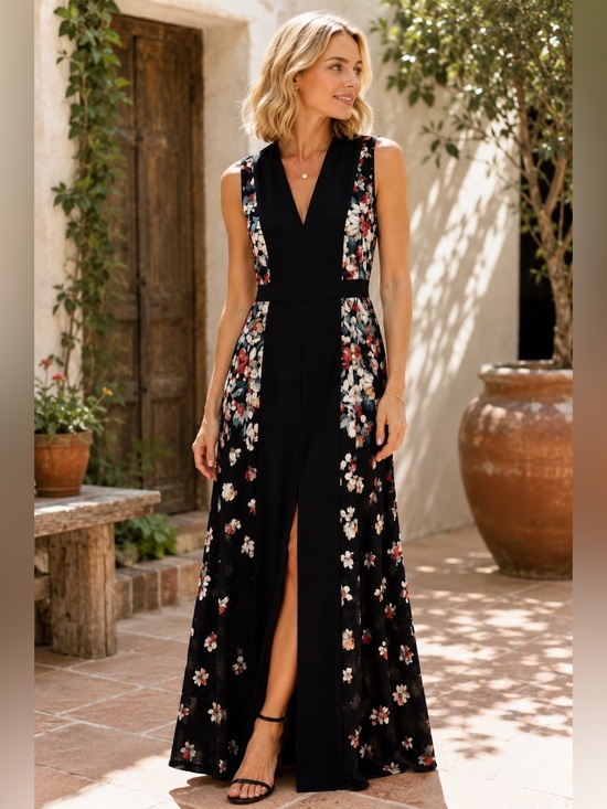 BCBGMaxAzria Black Floral V-Neck Maxi Dress with Red and White Accents
