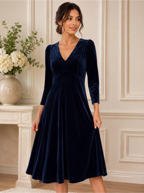 Eliza J Navy Velvet V-Neck Midi Dress