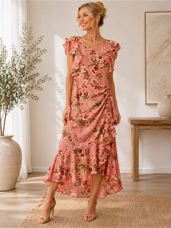 Julia Jordan Floral Ruffle Dress in Pink and Green