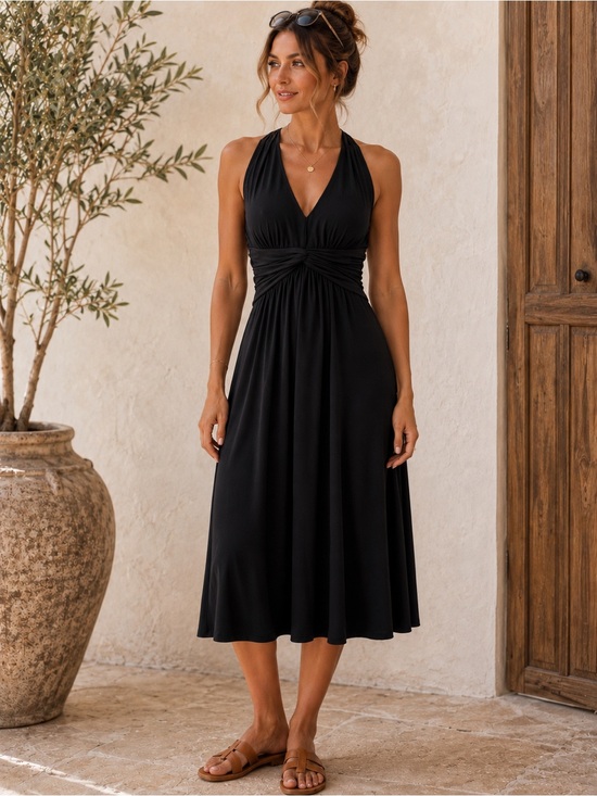 Evan Picone Black Halter Midi Dress