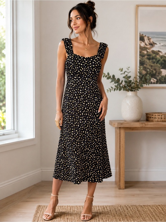 Elodie Black Midi Dress with Yellow Floral Print