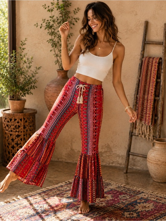 Red Boho Wide-Leg Tiered Pants with Tassel Drawstring