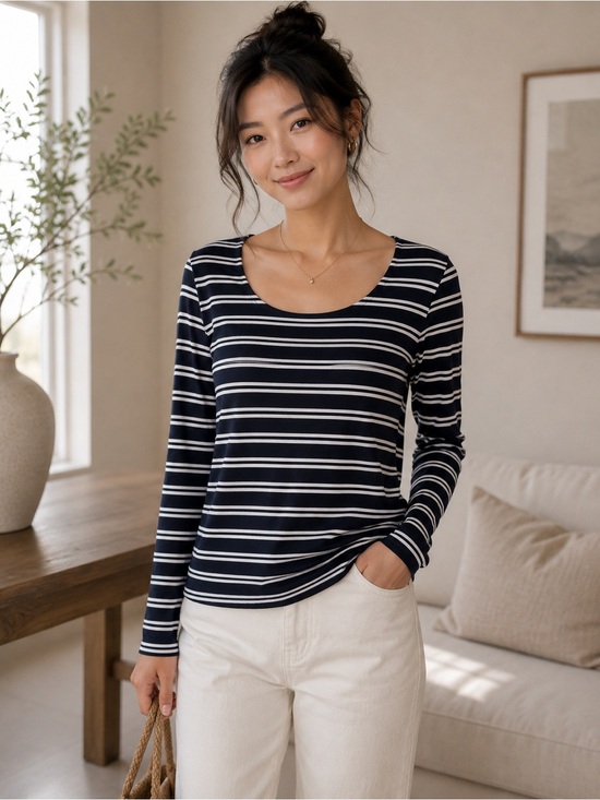 Three Dots Black and White Striped Long Sleeve Top