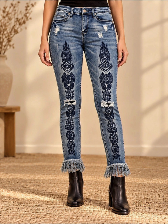 Coco + Carmen Embroidered Fringe Skinny Jeans