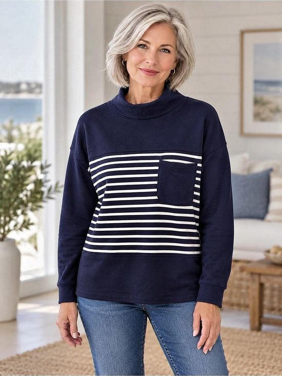 Croft & Barrow Mockneck Striped Sweatshirt with Pocket Blue & White Medium