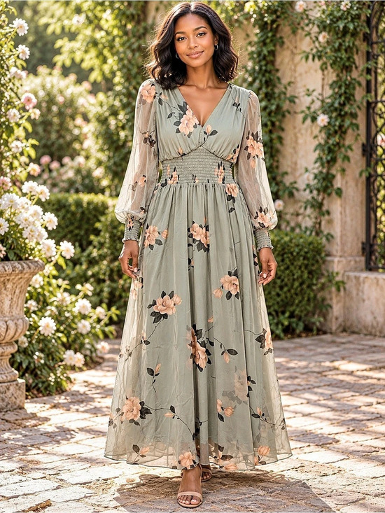 Floral Maxi Dress in Green & Pink Size Large