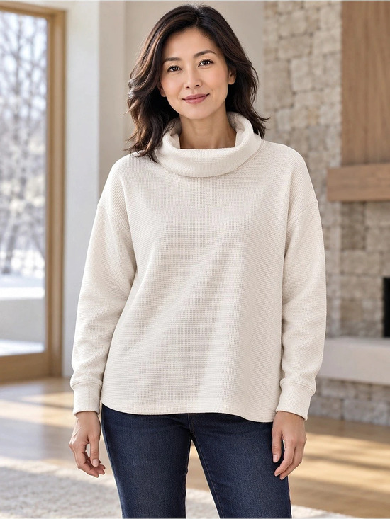 Lands' End White Long Sleeve Waffle Cowl Neck Tunic Medium