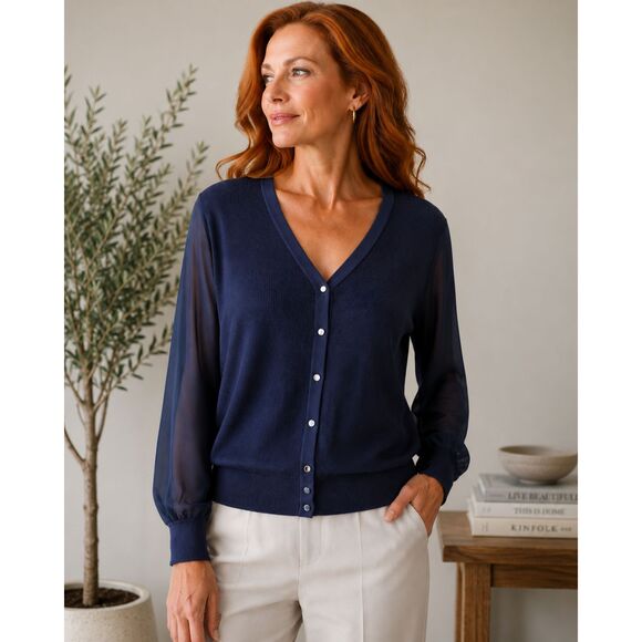 T Tahari Navy Blue V-Neck Sweater with Sheer Sleeves