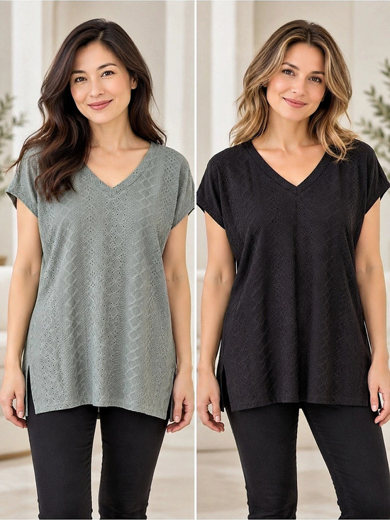 XIEERDUO Women's Textured V-Neck Tunic Set of 2 - Sage Green & Black Size Large