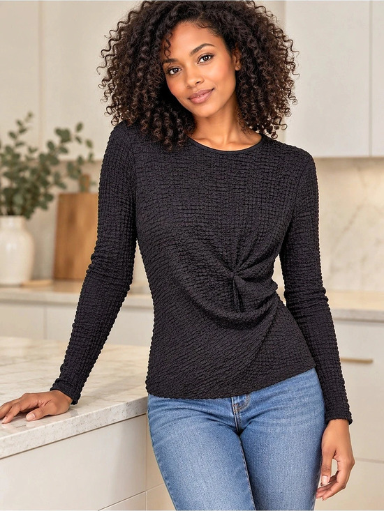 Zara Smocked Twist Front Long Sleeve Top in Black Size Medium